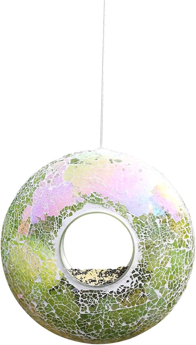 DUSVALLY 9" H Round Fly Through Bird Feeder for Wild Bird Seeds, Crackled Glass Mosaic Outdoor Hanging Feeder for Decorative in Outdoor Garden & Yard, Attracting Wild Birds, Green