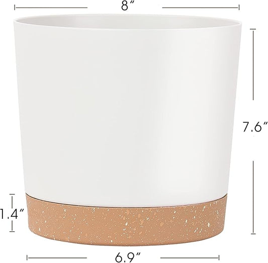 kubvici 2 Pack 8 Inch Planters for Indoor Plants, Plastic Flower Pots Plant Pots Indoor with Drainage Saucer for Outdoor Garden Home Plant, White 8”