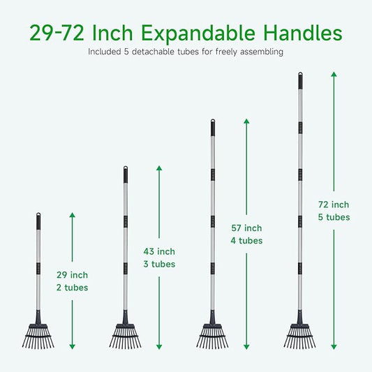 GreatBuddy Adjustable Leaf Rake, 8'' Wide Metal Rake, Perfect for Shrub, Flower Bed & Small Area, 29''- 72'' Expandable Stainless Steel Handle, Easy to Use