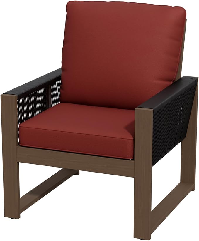 COOS BAY Natural Cedar Wood Patio Chair with Cushions, Durable Outdoor Furniture, Patio Dining Armchair for Deck, Porch, or Garden, 1 Piece, Brownish/Red