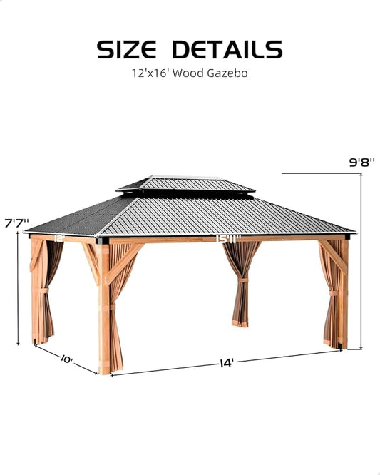 GAOMON Hardtop Spruce Wood Gazebo 12'x16', with Double Roof of Metal Sheets, 4.7'' Heavy Duty Poles, Net, and Curtain, Permanent Building for Patio, Deck, Backyard, Lawn, and Garden, Khaki