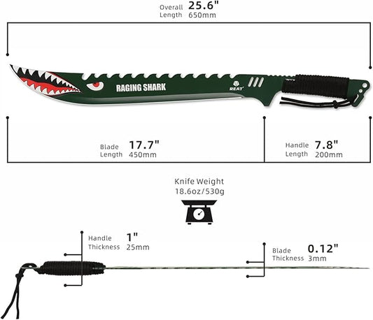 REAT Machete with Sheath, 25.5" Full Tang 420 Stainless Steel Blade with Raging Shark Green Coating,Non-silp Cord-Wrapped Handle for Yard Work, Cutting Trees,Camping