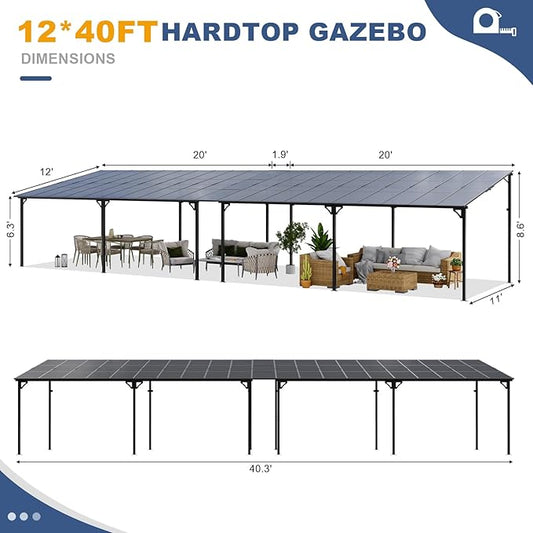 MEISSALIVVE 12' x 40' Gazebo, Wall Mounted Gazebo, Lean to Metal Awnings Gazebos with Sloped Roof, Outdoor Patio Awning for Backyard, Deck, Black