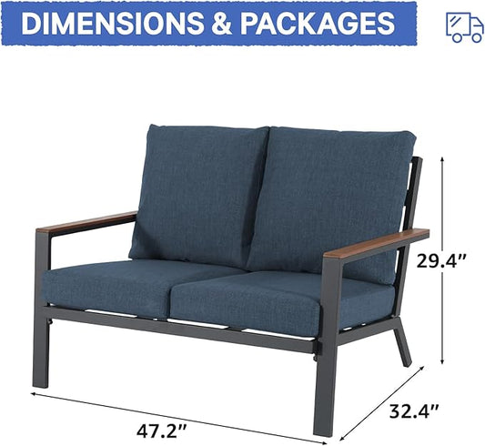 Soleil Jardin Aluminum Patio Furniture Loveseat, Outdoor 2 Seats Sofa Couch with FSC Certified Solid Wood Top, Outdoor Conversation Set Deep Seating Loveseat w/Removable Cushion, Denim Blue