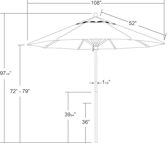 California Umbrella 9' Premium Commercial Hardwood Patio Umbrella, Manual Lift With Sunbrella Black Fabric