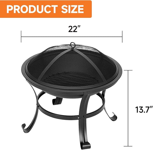 22-Inch Portable Round Metal Fire Pit Set, Durable Wood Burning Fireplace/Firepit with Steel Bowl, Mesh Lid, Poker, and Cover