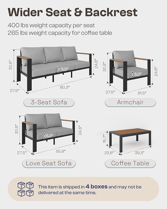 Aluminum Outdoor Patio Furniture Set with Coffee Table, 5 Piece Patio Conversation Sets, Outdoor Sectional Furniture for Porch, Balcony, Yard, Gray