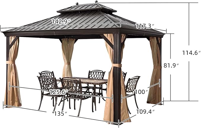 PURPLE LEAF Hardtop Gazebo 10' X 12' Metal Roof with Netting and Curtains Hard Top Backyard Patio Gazebos Permanent Canopy Deck Garden Hot Tub Outdoor Pavilion