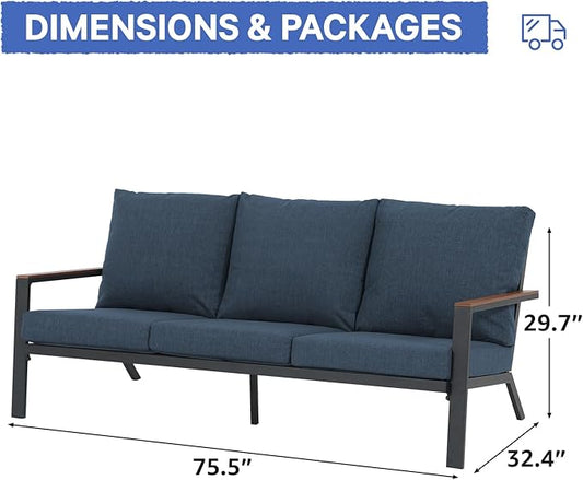 Soleil Jardin Aluminum Patio Furniture 3-Seater Couch, Outdoor 3 Seats Sofa with FSC Certified Solid Wood Top, Outdoor Conversation Set 3 Seater Deep Seating w/Removable Cushion, Denim Blue