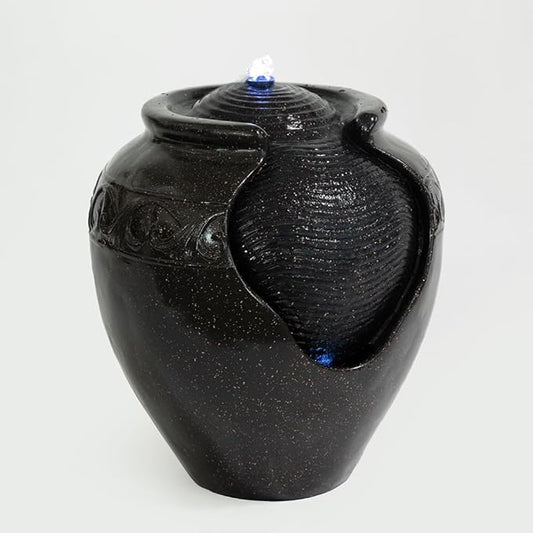17.7 in. Glazed Pot Water Fountain with LED Light, Provide Indoor and Outdoor Water Features for Gardens、Backyard、Living Rooms、 Offices (Black Gold)