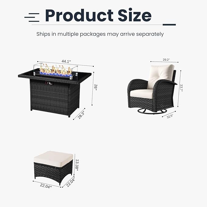 7 Pieces Patio Furniture Sets with Fire Pit Table, Wicker Rattan High Back Outdoor Swivel Rocking Chairs Set with Side Table