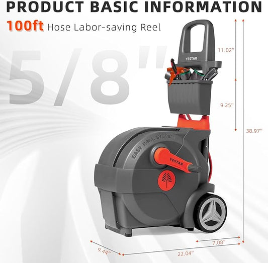 Hand-Crank Garden Hose Reel 5/8" x 100ft, Heavy Duty Garden Water Hose Reel, Removable, Any Length Lock, Hand Crank Effortless Rewind System, 4-Pattern Nozzle