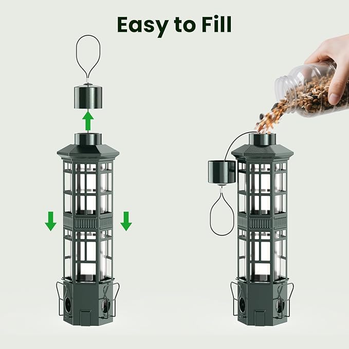 Squirrel Proof Bird Feeder for Outdoors - 3 Port Hanging Metal Bird Feeder with Gravity Spring, 3LB Large Capacity, Chew-Proof & Weather Resistant, Attract Wild Birds, Green