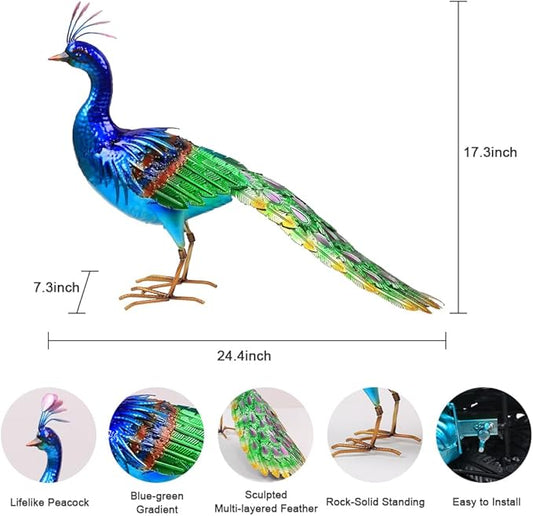 YEAHOME Garden Decor Outdoor Statues, 24.4" Large Metal Peacock Standing Yard Art, Blue Green Bird Lawn Sculptures Garden Decor for Outside Patio Porch Backyard