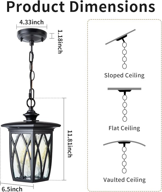JYZ 2 Pack Outdoor Pendant Light Fixture, 12'' Exterior Hanging Lantern, Modern Black Metal Outside Chandelier Light Fixture Ceiling Mount with Water Ripple Glass & Adjustable Chain for Porch, Gazebo