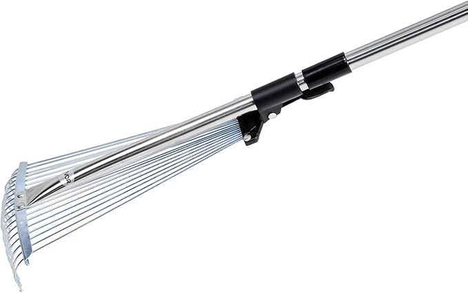 VEVOR Leaf Rake, 18 Metal Tines, Adjustable Garden Rake for Lawns with 7.7-17.1 Inch Head & 32.3-55.6 Inch Long Handle, Heavy Duty Stainless Steel Small Leaves Tool for Gardening Camping Yard Grass