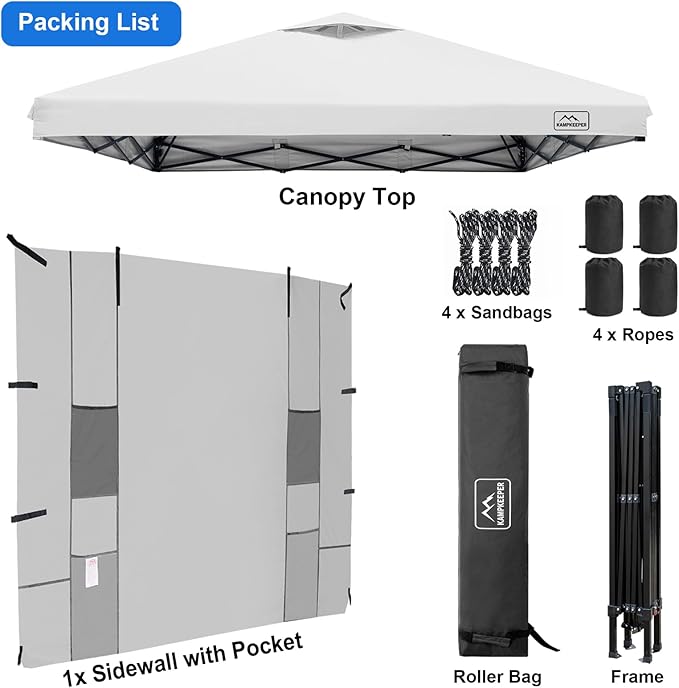 KAMPKEEPER 10x10 Easy Pop Up Canopy Tent with Sidewalls, Instant Outdoor Shade Shelter with Removable 10FT Sun Walls, Quick Setup Waterproof and UV-Resistant for Patio (White, 1 sidewall)