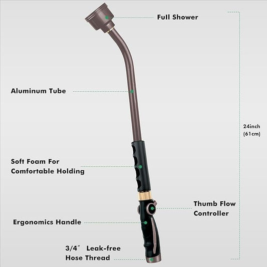 RESTMO Long Watering Wand, 24 Inches Gentle Soft Full Shower Sprayer Wand with Thumb Flow Control, Heavy Duty Metal Hose Wand for Hanging Baskets, Shrubs, Plants, Flowers, Garden and Lawn, Bronze