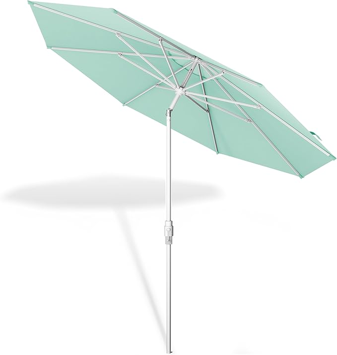 Midtown Umbrellas The Swilt 8 Feet Patio Umbrella in Sunbrella Canvas Glacier Acrylic Fabric - Fiberglass Ribs, Auto-Tilt Aluminum Frame For Backyard, Deck, Garden, Pool - White Pole