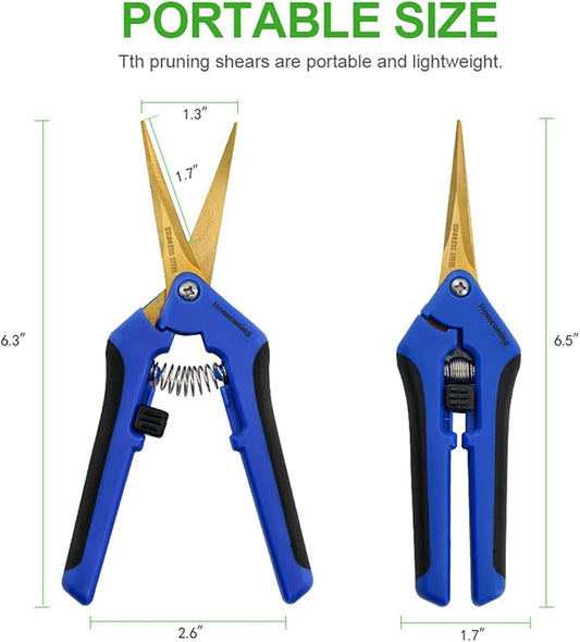 1 Pack Garden Pruning Shears with Curved Blades Trimming Scissors, Gardening Hand Pruning Snips Titanium Coated Precision Bonsai Pruning Shears, Convenient Flower Cutters(Blue)