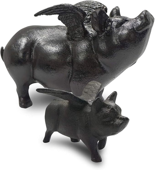 NACH Cast Iron Pig Statue - Black Door Stopper & Paperweight, 9x4x6 inch, JS-90-7131