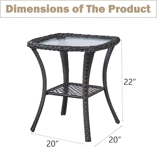 Outdoor Side Table, Brown Rattan Wicker Patio Side Table, Patio End Table, Small Outdoor Side Table with Glass Tabletop and Storage Shelf (Brown)