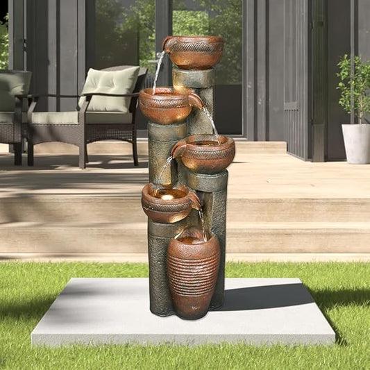 Outdoor Garden Water Fountain-Indoor Polyresin Waterfall Floor-Standing Fountains with LED Lights for Garden, Patio, Deck, Porch, Yard Art Decor (39.7inch)