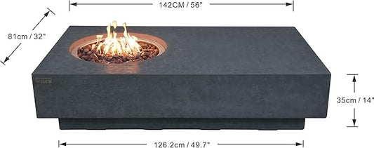 Elementi | Bundle Metropolis Gas Fire Pit Cast Concrete 56" Rectangular Fire Table, Outdoor Fire Pit Electronic Ignition | Canvas Cover, Lava Rock Included | Dark Gray (Natural Gas)