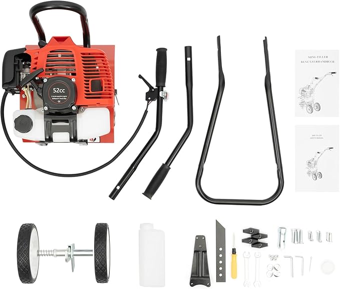Garden Tiller Cultivator,52CC 2-Stroke Gas Powered Engine Rototiller Garden Tool with Widened Mud Flap Cordless with Long Handle Strong Power Garden Cultivator for Plowing Turning Soil Ditching