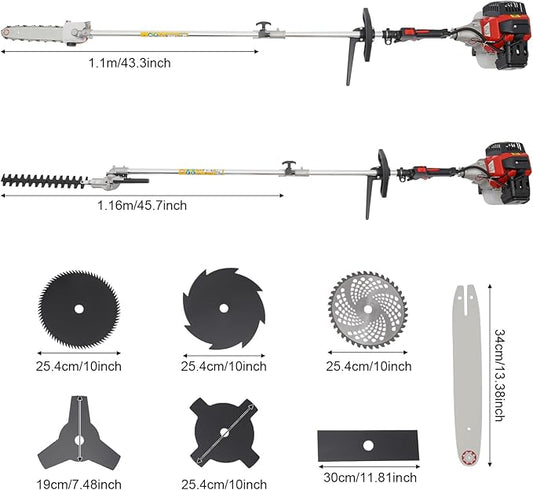10 in 1 Garden Hedge Trimmer Combo, 52CC 2-Stroke Multi-Functional Garden Trimming Tool Gas Powered Long Reach Pole Saw Grass String Trimmer Brush Cutter Grass Wacker Weed Eater for Yard
