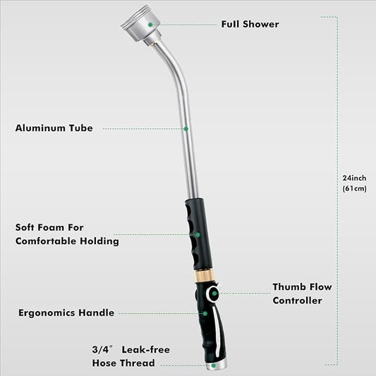 RESTMO Long Watering Wand, 24 Inches Gentle Soft Full Shower Sprayer Wand with Thumb Flow Control, Heavy Duty Metal Hose Wand for Hanging Baskets, Shrubs, Plants, Flowers, Garden and Lawn, Silver