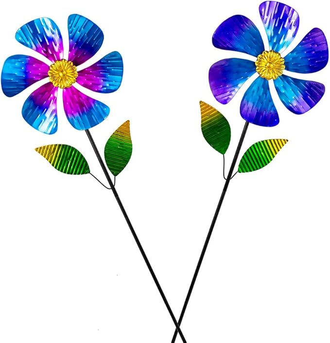 Viveta 2 Pack Garden Wind Spinners, 35.4 "Flower Metal Windmill,Pink and Blue Wind Sculpture,Pinwheels for Yard and Garden