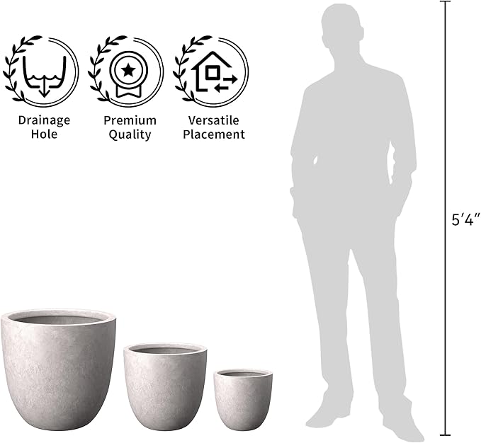 Kante 14 Inch Dia Round Concrete Planter, Indoor Outdoor Large Plant Pot with Drainage Hole and Rubber Plug for Home Patio Garden, Light Gray