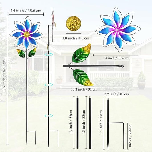 14'' Wind Spinners Outdoor, Flower Metal Garden Wind Spinners Outdoor, Kinetic Wind Sculptures & Spinners for Yard Garden Lawn Decor (Blue)