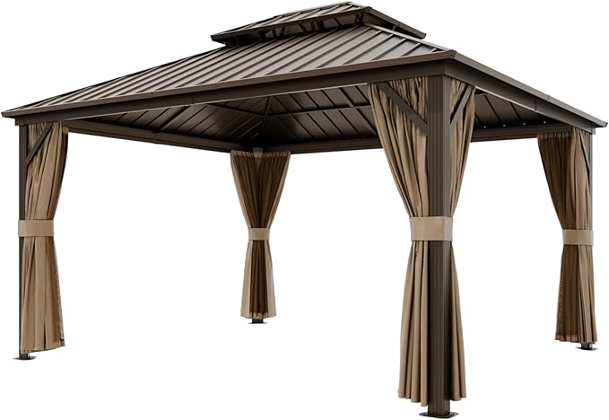 COOS BAY 12x14 Hardtop Gazebo with Aluminum Frame, Galvanized Steel Double Roof Outdoor Pavilion with Netting and Curtains, Dark Brown/Tan