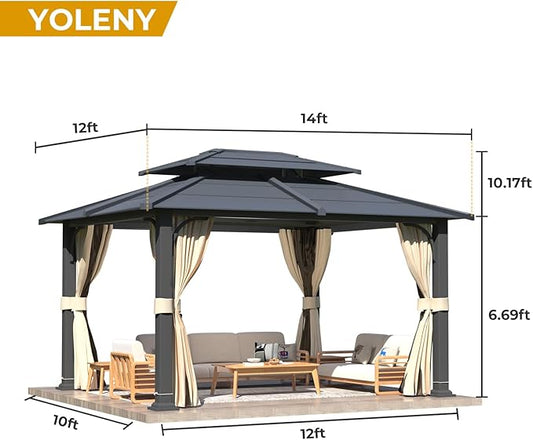 YOLENY 12’x 14’ Gazebo with Galvanized Steel Roof, Double Roof Design with Anti-Rust Coating, Outdoor Gazebos with Curtains and Netting, Sunshade for Gardens, Lawns, Deck
