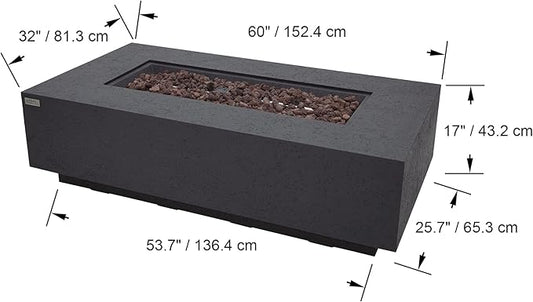 AMS Creations | Madison 60" Rectangular Propane Gas Outdoor Fire Pit Table | Dark Gray Concrete GFRC | Limestone Texture or Surface | Electronic Ignition | Outside Backyard Fireplace