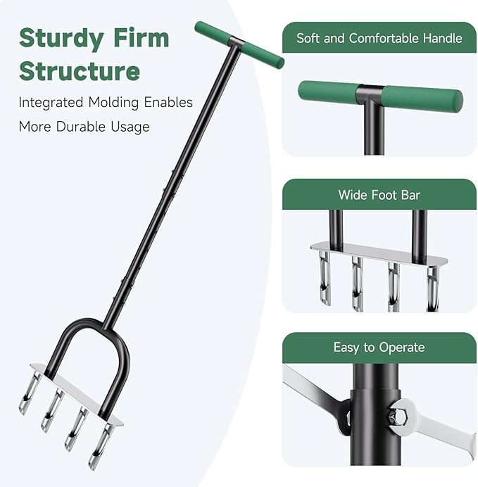 Lawn Aerator, Core Aerator Lawn Tool & Lawn Spike Aerator, Hand Aerator Lawn Tool, Grass Aerator with Adjustable T-Handle, Garden Tool Solve Soil Compaction for Garden Grass and Yard
