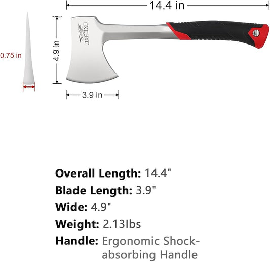 JXE JXO 14.4" Camping Hatchet with Full Tang Forged Construction & Ergonomic Shock Absorbing Grip, Hatchet Axe with Nylon Sheath (Red