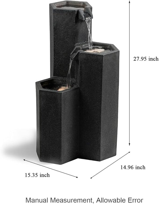 27.95" H Outdoor Water Fountain Made with Eco-Friendly Recyclable Materials, Polyethylene Cascading Waterfall Fountain, Garden Waterfall Decor with LED Light & Pump for Patio, Backyard