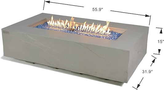 Elementi+ | Bundle Meteora Gas Fire Pit Cast Concrete 56" Rectangular Fire Table, Outdoor Fire Pit Electronic Ignition | Canvas Cover, Fire Glass and Burner Lid Included | Light Gray | Natural Gas