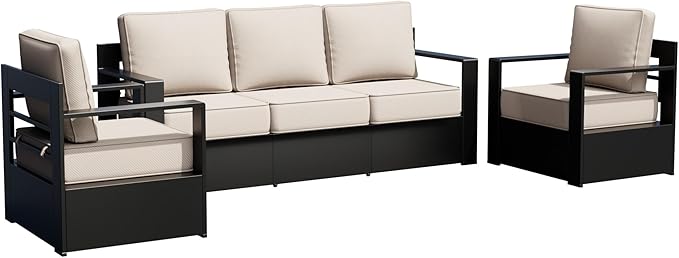 Outdoor Patio Furniture Set, 3-Piece Aluminum Patio Conversation Set All-Weather Metal Outdoor Sectional with 6 Inch Thick Cushions, Deep Setting for Garden, Outside and Porch