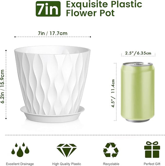 7 inch Plant Pots for Indoor Outdoor Plants, 5 Pack Thick Nursery Pots with Drainage Holes and Saucers, 3D Modern Wave Texture Plastic Planter Pots for Flowers and House Plants, White