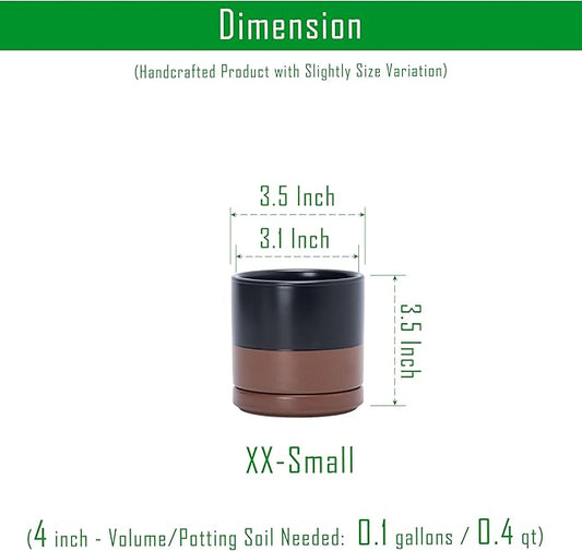 D'vine Dev Set of 4 Small Ceramic Plant Pots, 3.5 Inch Succulent Planter Pot for Plants with Drainage Hole and Saucer, Black/Speckled Tan, 94-X-A-7