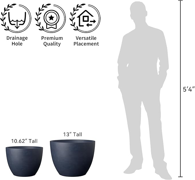 Kante 14.2 Inch Round Concrete Planter - Classic Large Indoor/Outdoor Plant Pot with Drainage Hole and Rubber Plug, Suitable for Gardens and Patios, Charcoal Finish with Forest Green Interior