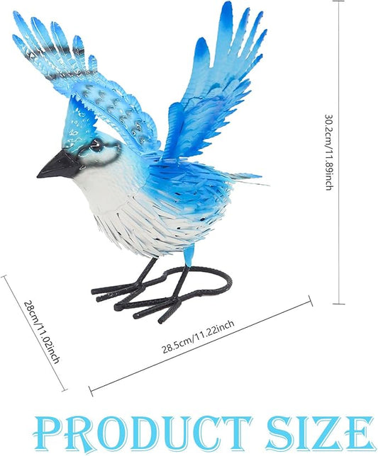 9.5" Blue Jay Garden Decor, Hand-Painted Metal Bird Sculpture, Weatherproof Yard Art for Patio, Farmhouse Spring Gift