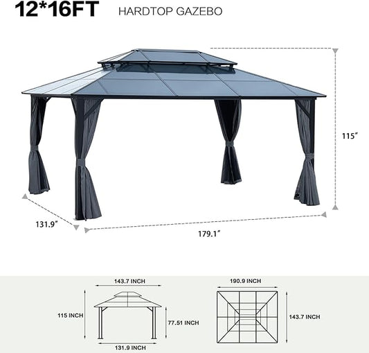 KEIKI 12 * 16FT Permanent Hardtop Gazebo with Netting and Curtains, Double Roof Waterproof Pergola Sunshade Pavilion for Outdoor Patio Lawn Backyard and Garden, Aluminum Frame Polycarbonate Canopy