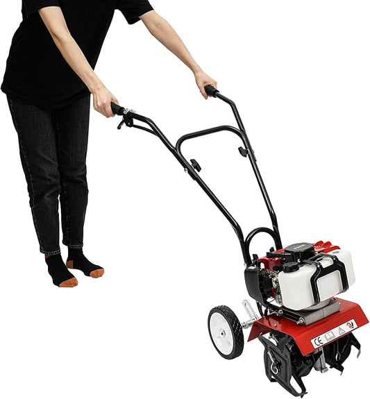 52CC 2 Stroke Mini Tiller Cultivator, Garden Tiller Gas Powered Hand Rotary Cultivator Rototiller Garden Tool with Long Handle for Garden & Lawn, Digging, Weed Removal & Soil Cultivation.