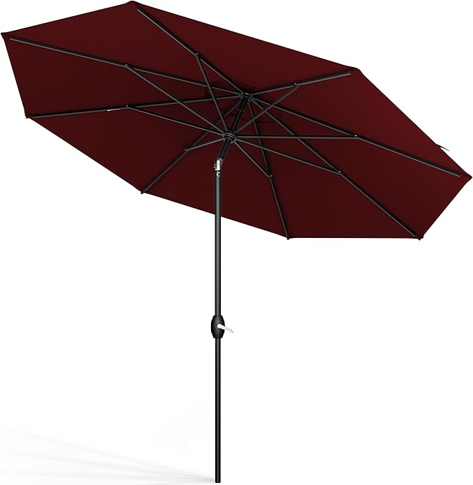 Midtown Umbrellas Sunbrella Umbrella 9 Feet Outdoor Umbrella With Burgundy Acrylic Fabric - Auto-Tilt Aluminum Frame Patio Umbrella For Backyard, Deck, Garden, Pool - Black Pole