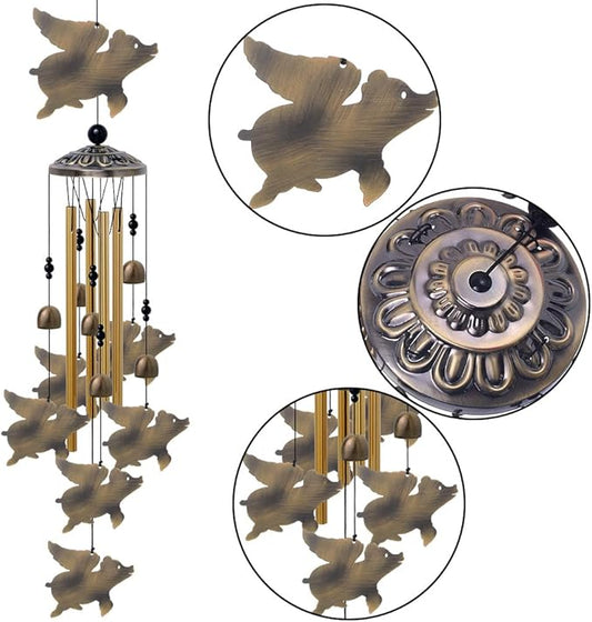 Flying Pigs Wind Chimes Outdoor Decor - with 6 Bells 7 Pigs Wind Chimes, Mobile Romantic Fly Pigs Wind Catcher, Bronze Pigs Wind Bells for Home, Mom Gifts, Balcony, Tree, Festival, Garden Decoration